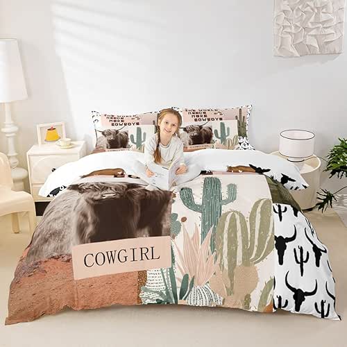 Western Cowboys Kids Duvet Cover Set Queen Size,Highland Cattle Cactus