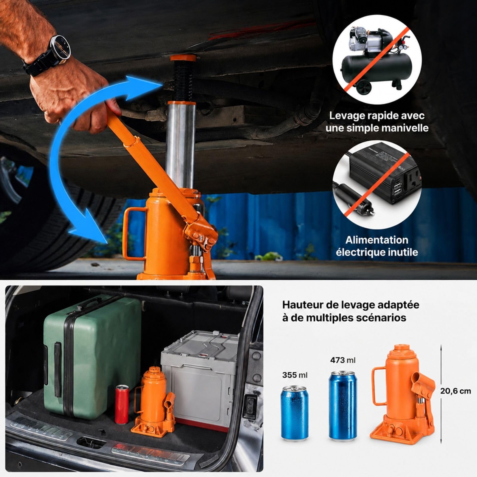 Cric Bouteille hydraulique Orange pour Voiture SUV et Garage, cric de Levage pour Entretien Automobile et Atelier