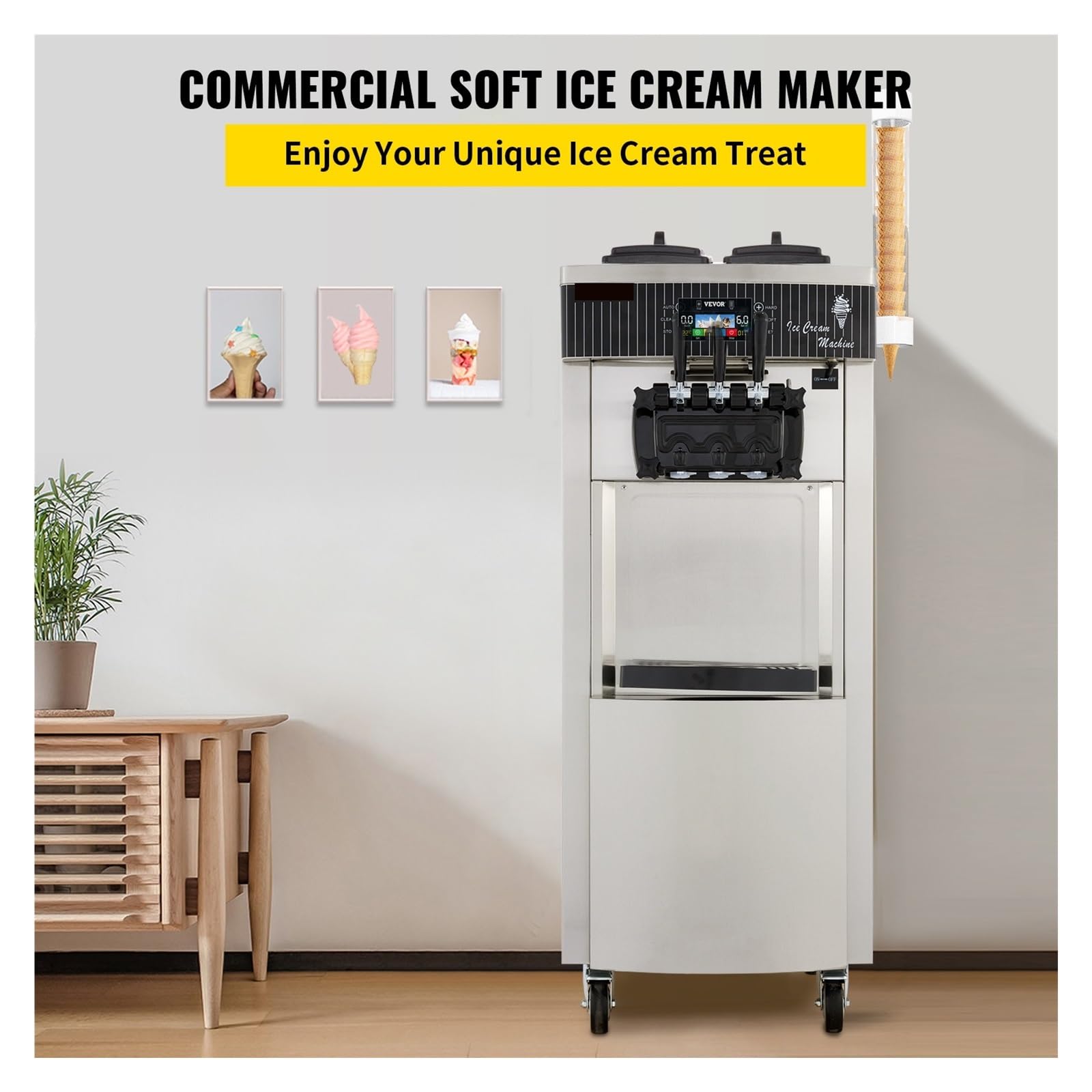 Máquina Comercial de Helados Suaves 2200W 20-28L/H Máquina for Hacer Helados Tolvas Dobles de 6L Máquina for Hacer Helados YKF-8228H(with Cone Holder)