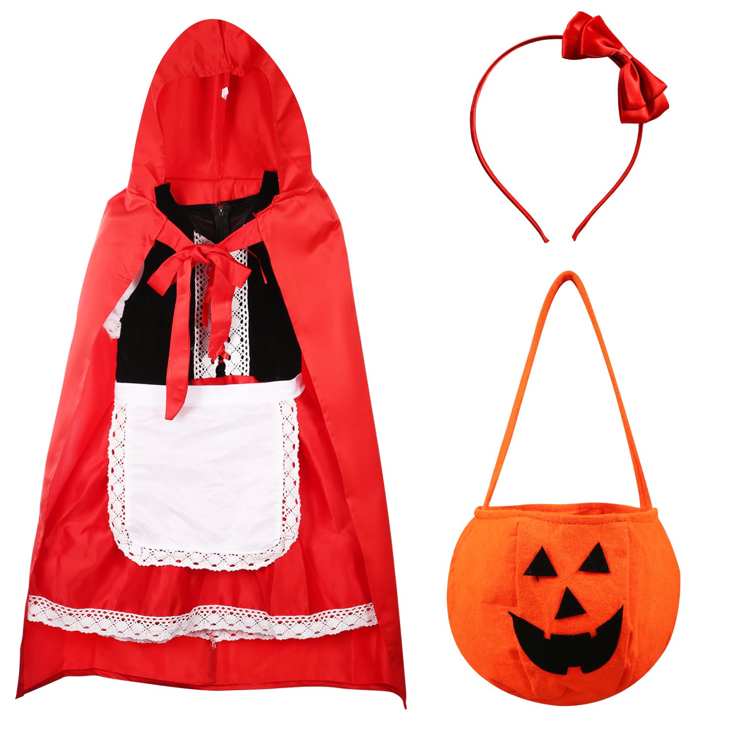 LUTER Disfraz de Caperucita Roja Niña, Incluye Capa Roja Vestido Delantal de Encaje Bolso de Calabaza y Diadema con Lazo Rojo Vestido de Fiesta de Disfraces de Halloween Niña 7-14 Años (L, 145-155cm)