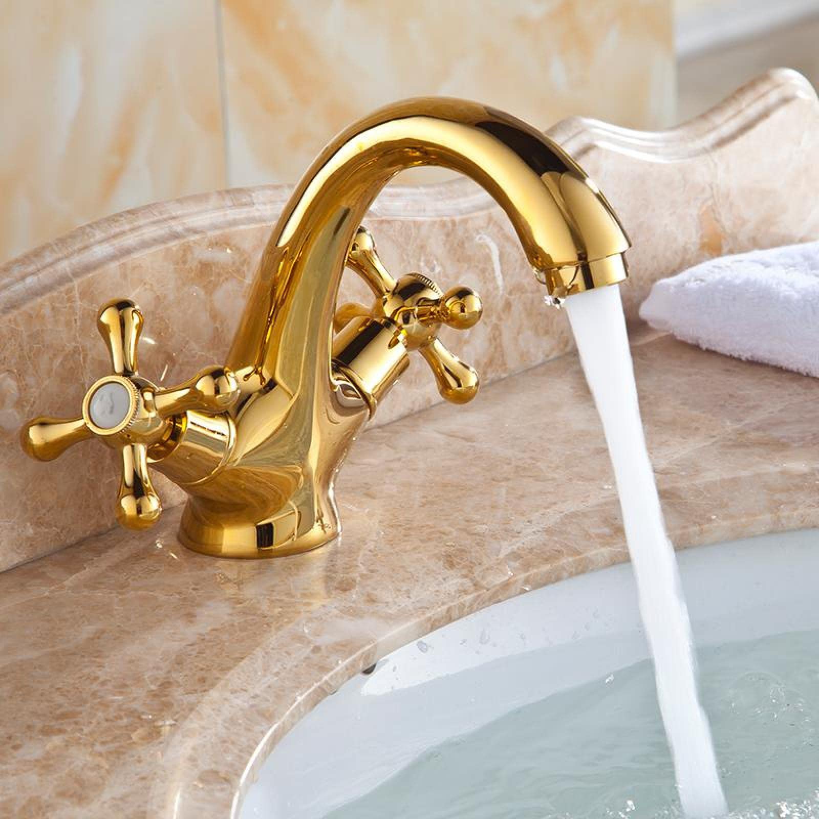 Grifo Mezclador Retro para Lavabo de Baño, Oro Blanco, Dos Manijas, Vintage, Latón, Agua Fría y Caliente