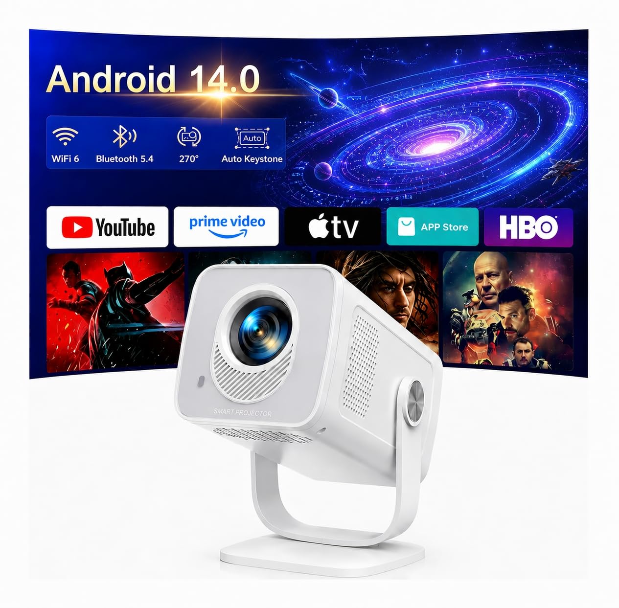 Mini Beamer 4K Unterstützt [Android 14 & App Steuerung] WiFi 6 BT 5.4 | 270° Dreh Smart Beamer Klein mit Auto Trapezkorrektur, Tragbarer Projektor für Heimkino/Schlafzimmer/HDMI/Handy/PC/USB
