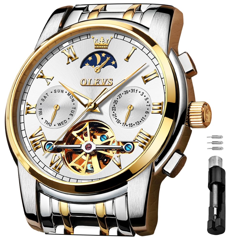 OLEVS Orologi automatici da uomo con scheletro meccanico di lusso in acciaio inox impermeabile luminoso orologio da polso Quadrante bianco e cinturino in argento dorato.