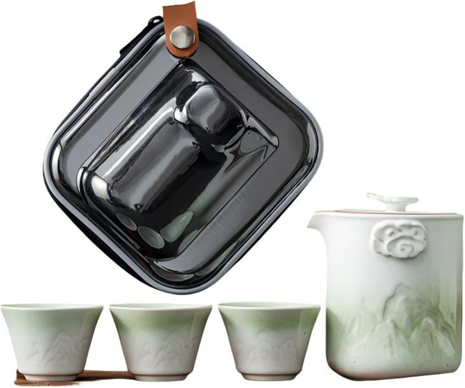 【白渐青】 云山快客杯 Glass Tea Cup,Ceramic cup Set,Zi Sha Tea Cup,Ceramic Teapot,Purple Clay Tea 鎏金一壶三杯车载茶具套 Ceramic Coffee Mugs Set,Microwave & Dishwasher Safe,Gift for Man and Women