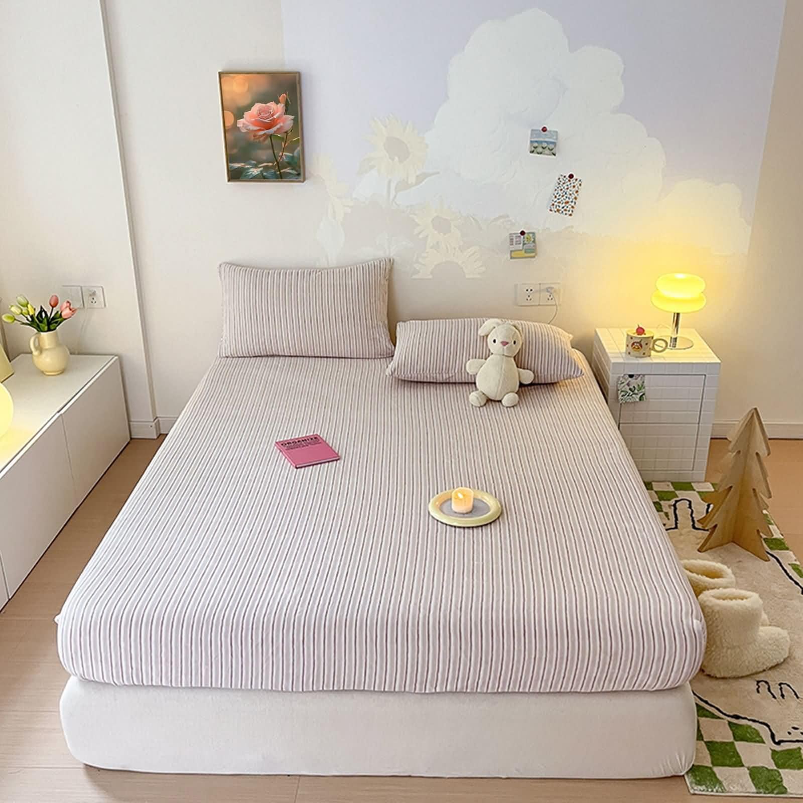 Fitted Bedsheet Super King, Light Pink Purple Fitted Bed Sheets 1 Piece 5-25cm Deep Pocket Stripes Pattern Velvet Sheet Easy Care Soft Bedding, Light Pink Purple, 180x200x25CM