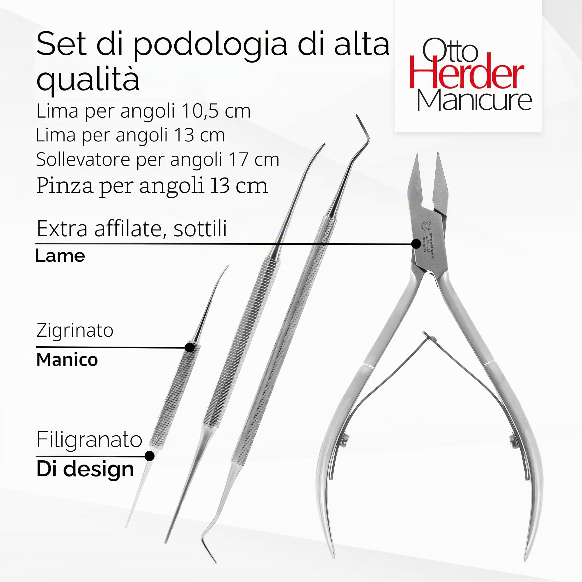 Otto Herder Manicure Set di pinze per unghie per pedicure, lime per angoli e levetta angolare, contro unghie incarnite, kit professionale per la cura delle unghie in acciaio inox