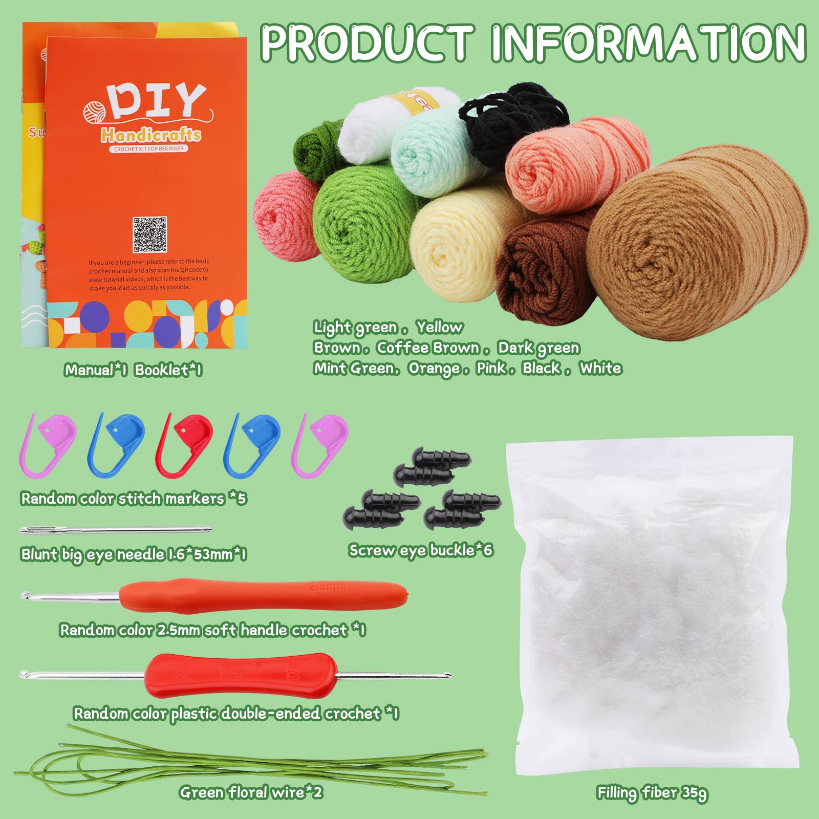 WONVOC Kit de iniciación de ganchillo, kit de ganchillo para principiantes, kit de ganchillo para adultos, con ganchos de ganchillo, hilo, fibra de poliéster, marcadores de puntada, ojos de plástico e