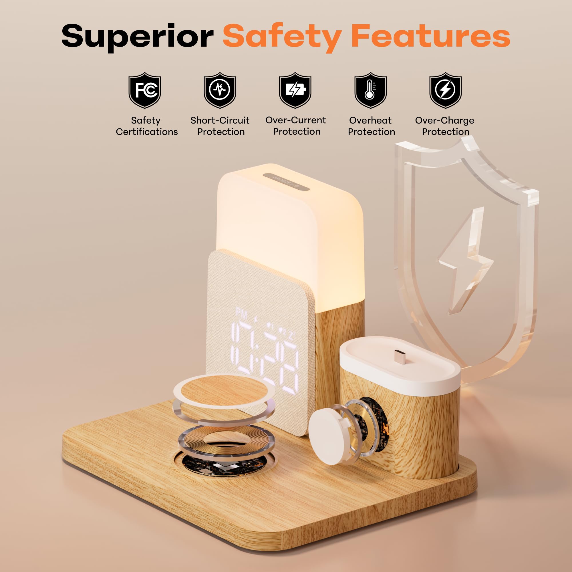 5 en 1 Station de Charge pour A-pple Reveil Chargeur Induction i -Phone | Chargeur sans Fil 17-11 pour air-pods A-pple Watch avec Lampe pour la Chambre à Coucher Adaptateur Inclus