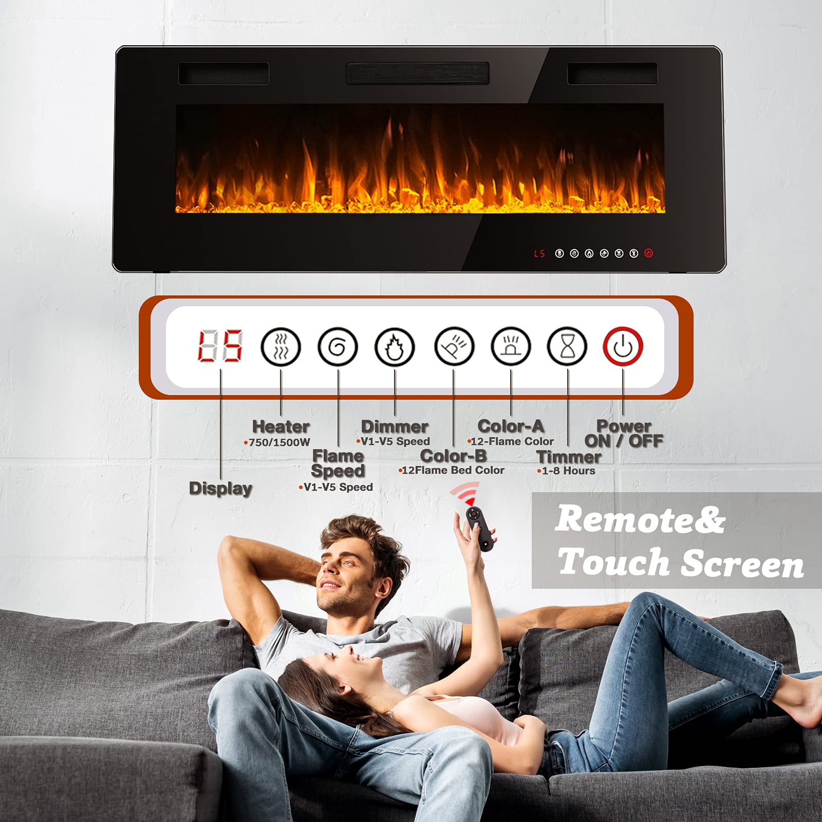 BizHomart Doris 60 Electric Fireplace, Recessed & Wall Mounted