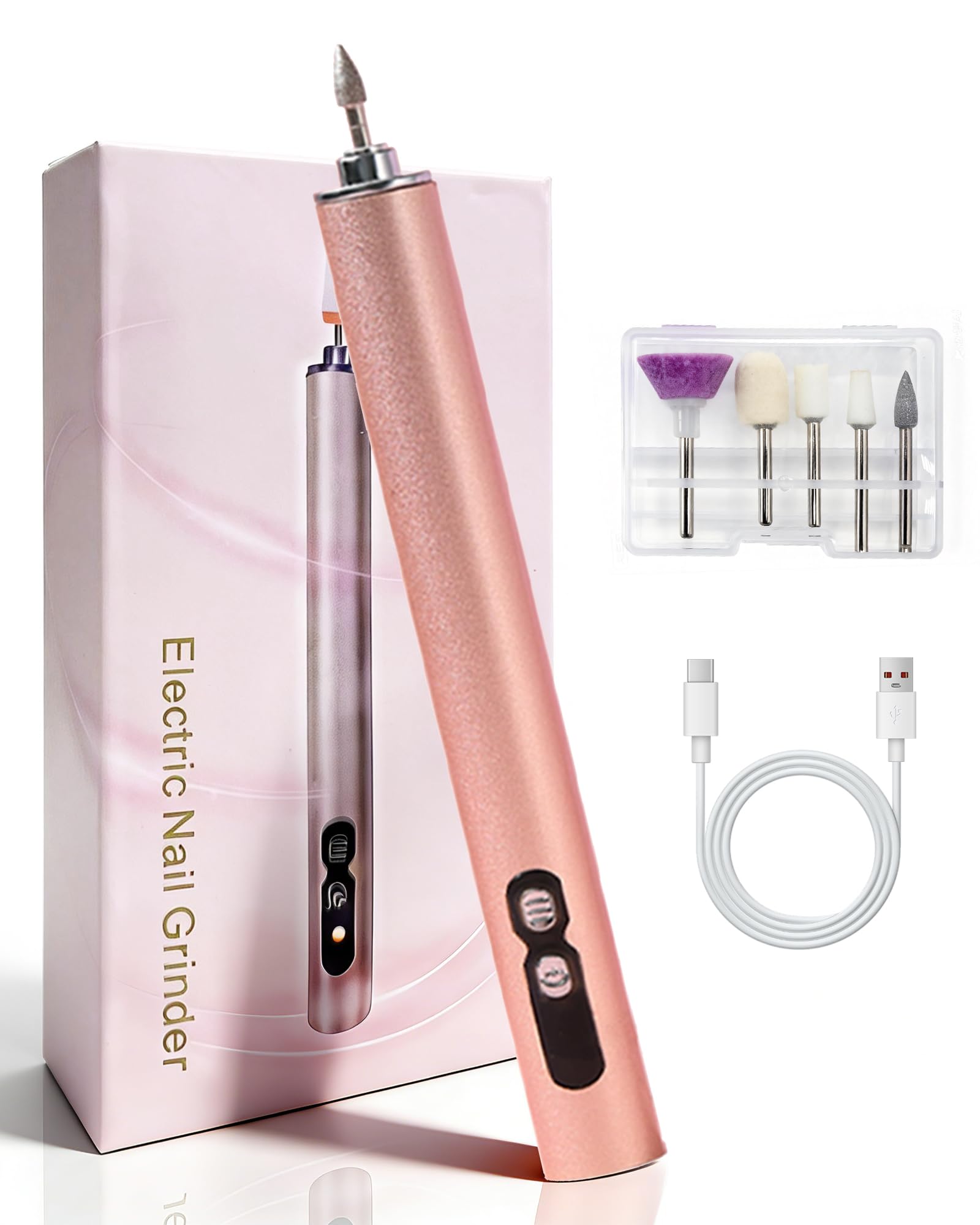 Electric Nail Drill for Acrylic Nails, 13600 RPM Cordless Nail Dremel with 3 Speed Settings, Portable E-File for Thick Toe Nails, Rechargeable Grinder for Gel Polish Removal, Pink