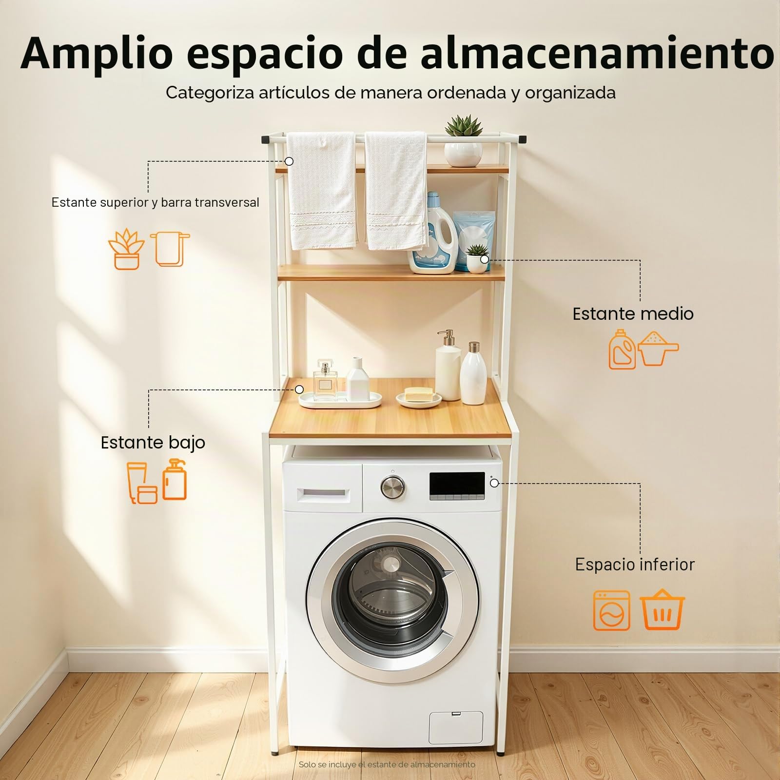 Estantería de baño de 3 Niveles, estantería sobre Lavadora para cocinas | estantería de almacenamiento, Capacidad de carga por nivel 10 kg, Estantería para lavadora para cocinas, baños 69x60x176,5 cm