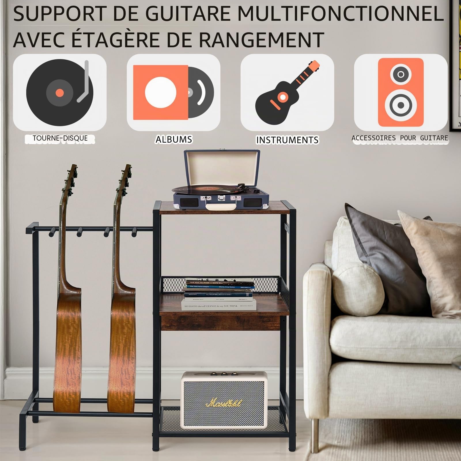 Support de guitare, support multi-guitares jusqu'à 3, lecteur de disque vinyle 3 niveaux, acoustique, basse, ukulélé, ampli, platine
