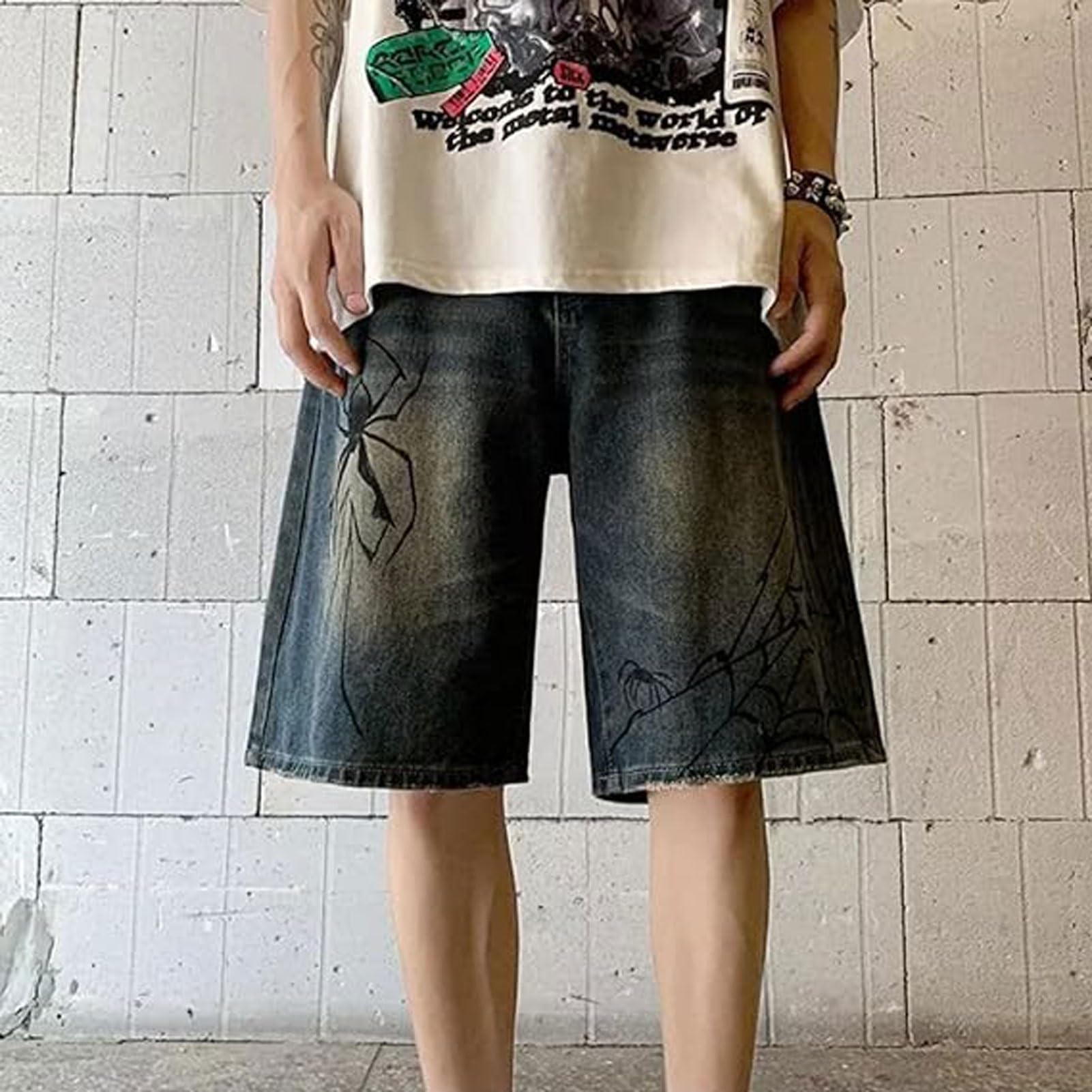 Y2K Jean Jorts Spider Baggy Casual Loose Straight Wide Leg Shorts Verstellbar Grunge Harajuku Streetwear