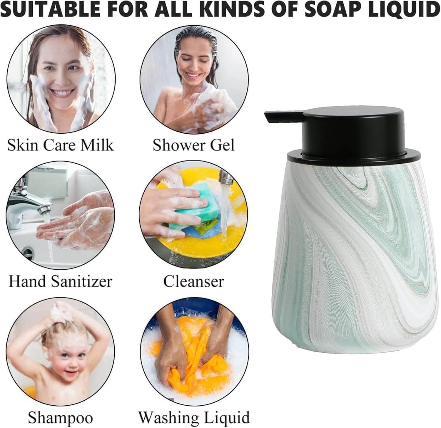 12Oz Foam Hand Soap Dispenser - Modern Ceramic Foaming Soap Dispenser with Easy-to-Press Pump, Reusable and Refillable Liquid Dish Soap Dispensers for Bathroom & Kitchen, Marble Green - Image 7