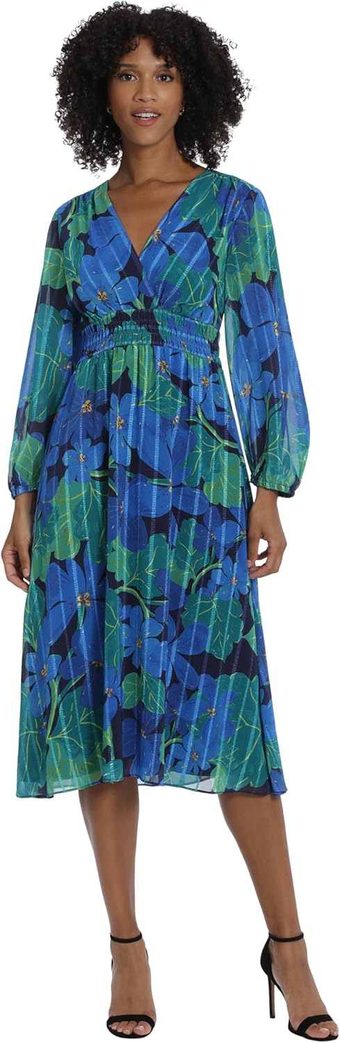 Maggy London Women's V-Neck Smocked Waist Dress Occasion Event Party Guest of