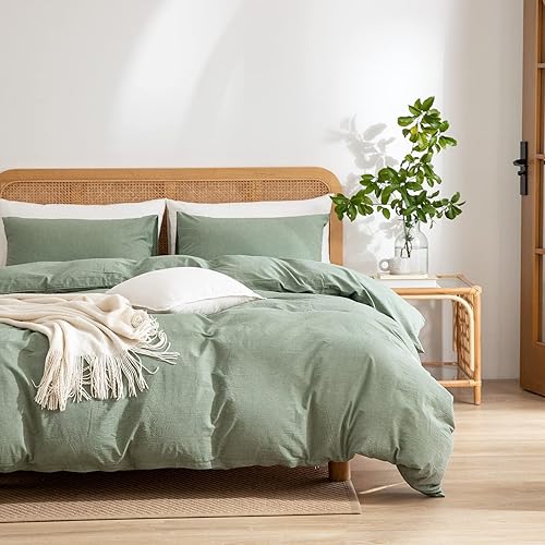 Miniatura 2 de Juego de funda de edredón verde tamaño King, 100% algodón lavado con textura similar al lino de 3 piezas, funda de edredón de estilo simple, lujosa