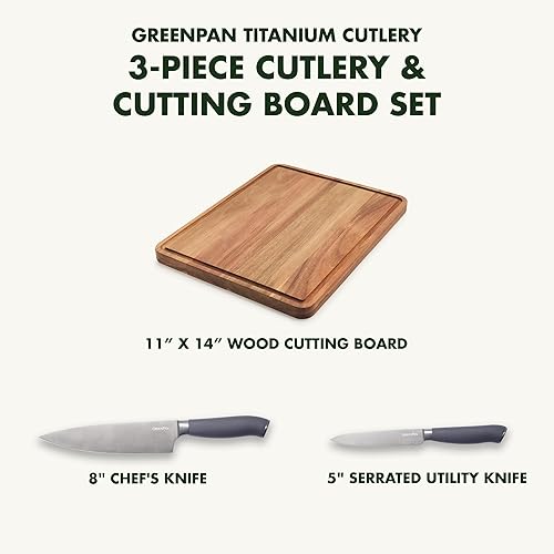 Miniatura 2 de GreenPan Juego de cuchillos y tabla de cortar de 3 piezas, cuchillas recubiertas de titanio de acero inoxidable, asas ergonómicas antideslizantes,
