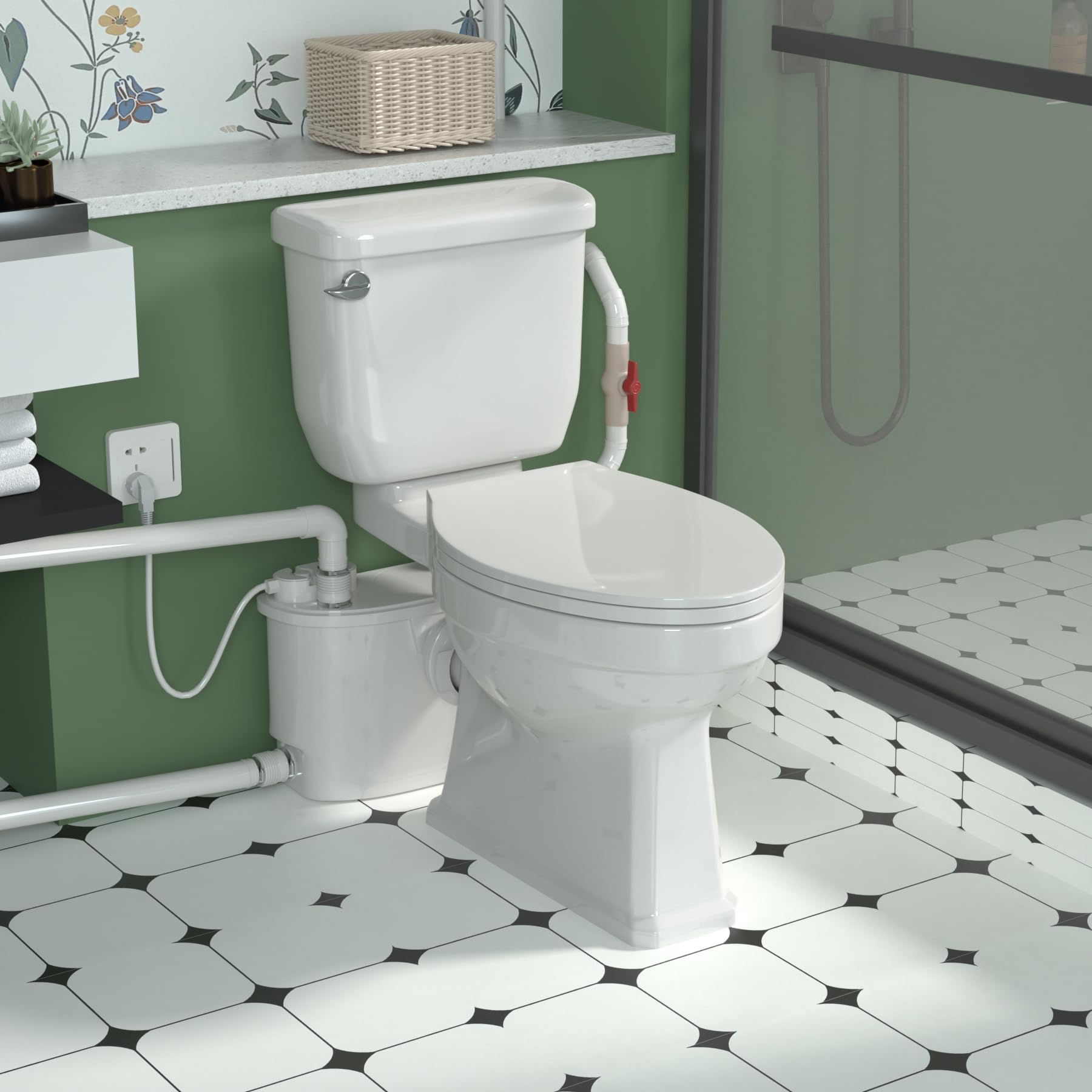Pompa maceratrice, pompa tritureratrice per WC, con 4 ingressi per WC/cucina/lavandino/doccia da cantina, smaltimento acque reflue grigie, doppia deodorazione, motore in rame, 7 m/23 ft di prevalenza