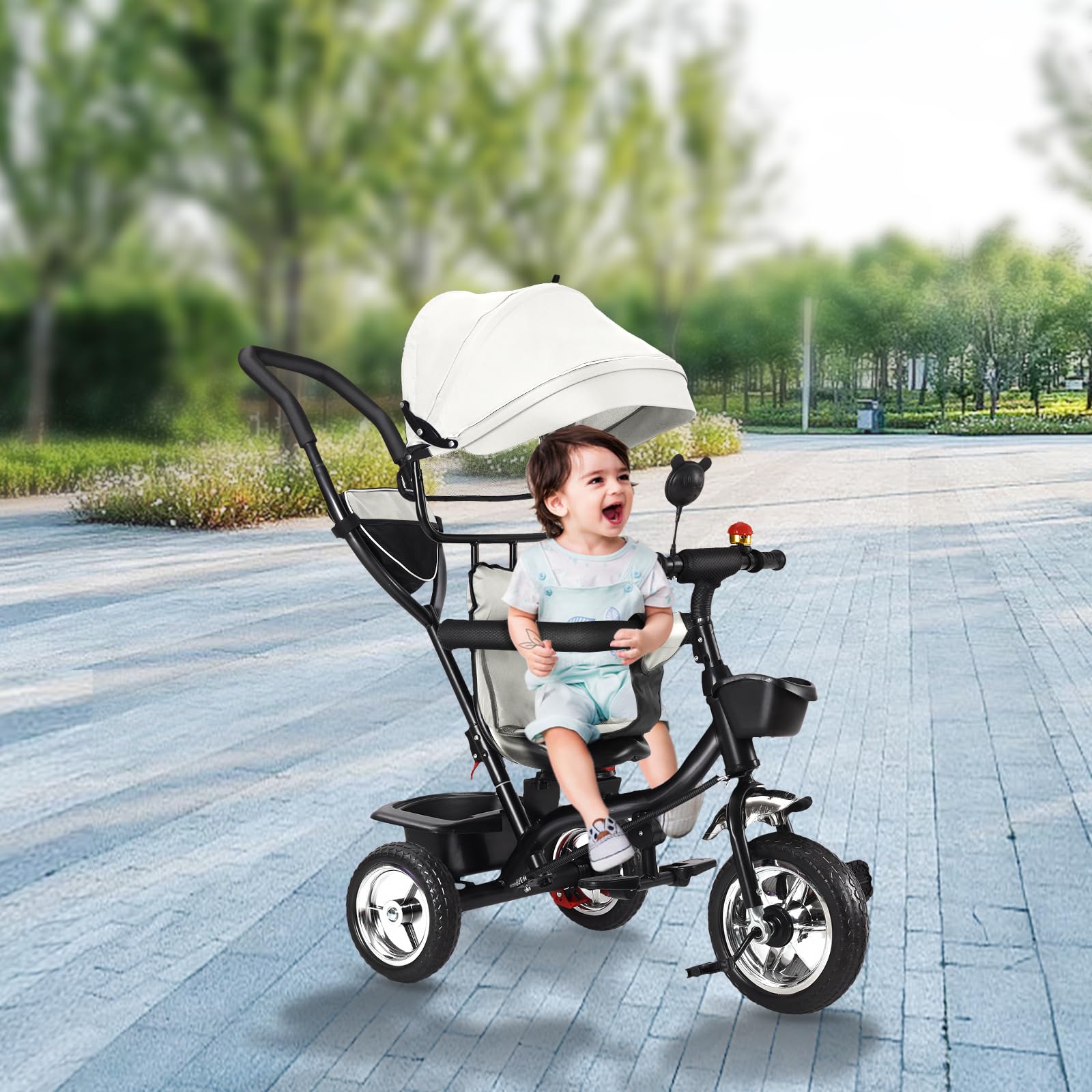 MUL-BHERRAMIENTA Triciclo para Bebé, Bicicleta Evolutiva Bebe Segura y Cómoda, Bicicleta de equilibrio para Bebé con Timbre y Espejos, con Canopy, 106 x 75 x 46 cm, Gris-Clair