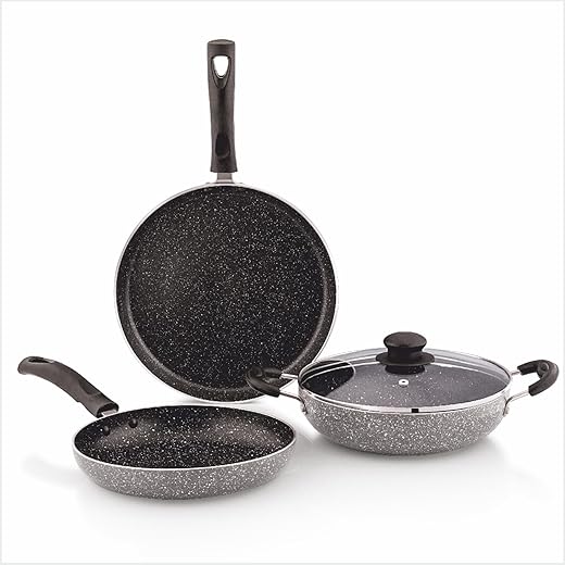 Amazon Solimo Aluminium 4 Piece Non-Stick Cookware Set | Granite Finish | Induction Base | PFOA Free | HTR Exterior Coating | 25 Cm Tawa, 22 Cm…