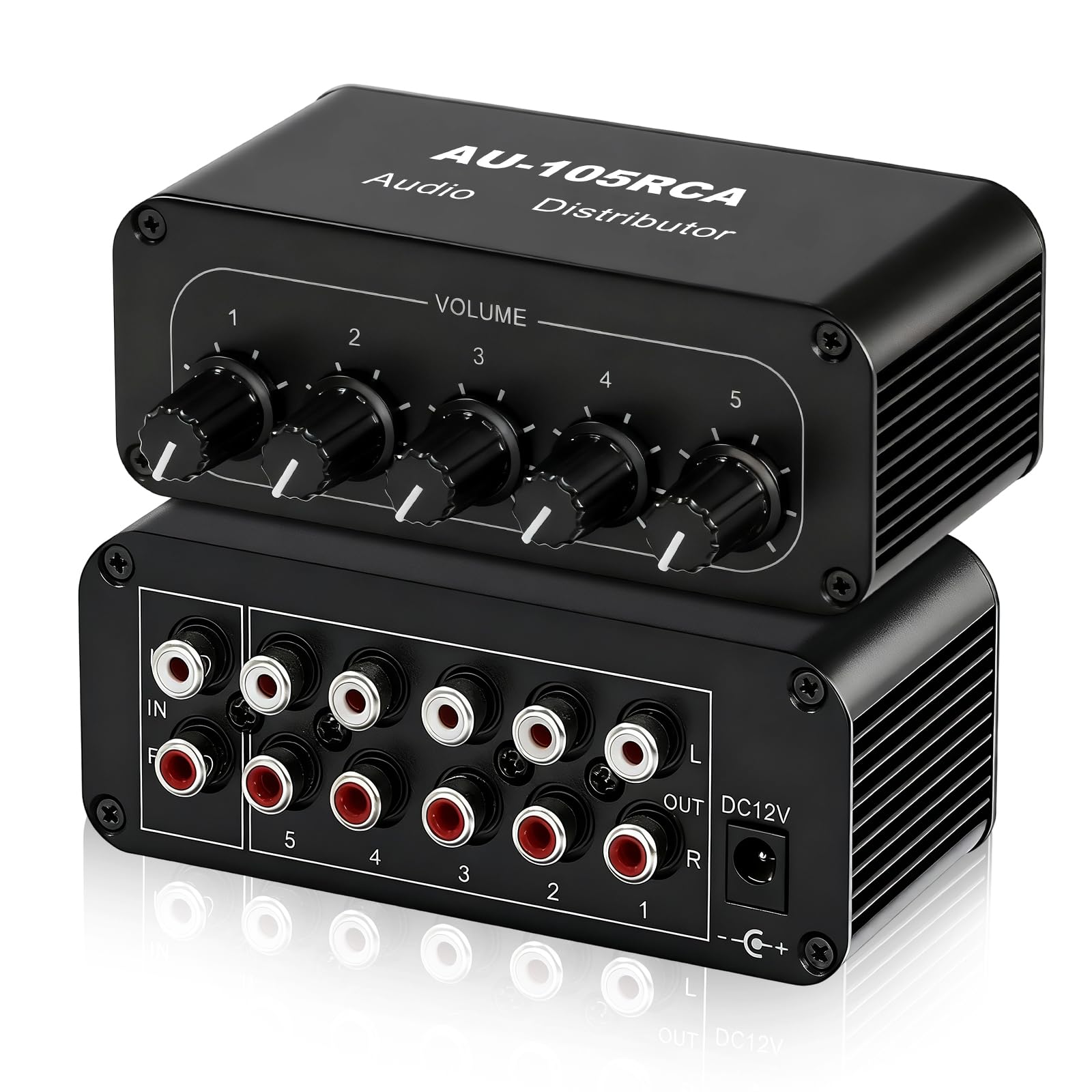 Splitter audio stereo RCA a 5 vie, 1 in 5 uscite, amplificatore di distribuzione audio, distributore di segnale RCA per altoparlanti, cuffie, amplificatori, con controllo del volume, guadagno