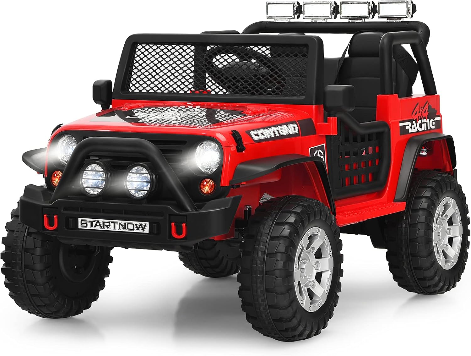 Costzon 2-Seater Ride on Truck, 12V Battery Powered Electric Vehicle w/Remote Control, 2 Speeds, Spring Suspension, LED Light, Horn, Music/ MP3, 2 Doors Open, Ride on Car for Kids (Red)