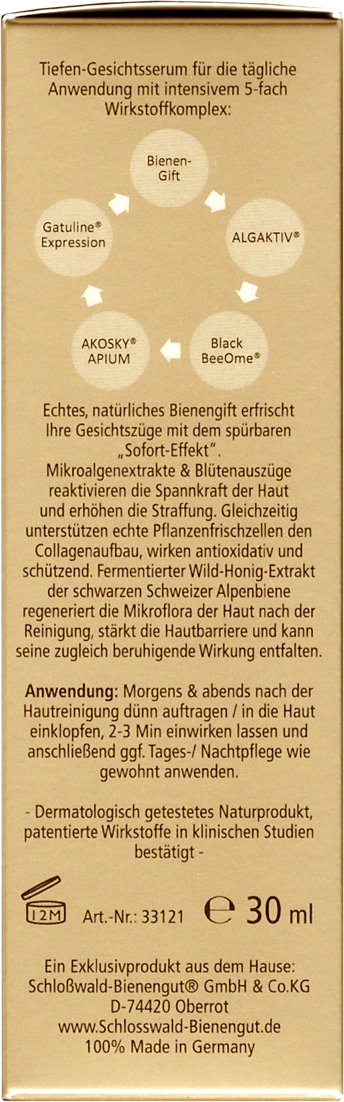 Anti Aging Serum mit Bienengift 30 ml – straffende Gesichtspflege gegen Falten – Gesichtsserum Augenserum 24h Pflege Schloßwald-Bienengut | Straffendes Gesichts-Serum gegen Falten mit echtem Bienengift, Mikroalgen und Parakresse-Extrakt, 24h Pflege