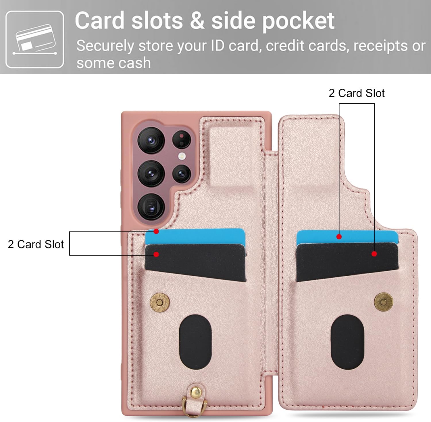 Asuwish Phone Case for Samsung Galaxy S22 Ultra 5G Wallet Cover with Tempered Glass Screen Protector Card Holder Slot Crossbody Strap Flower Cell S22ultra 22S S 22 S22ultra5g 6.8 Women Rose Gold