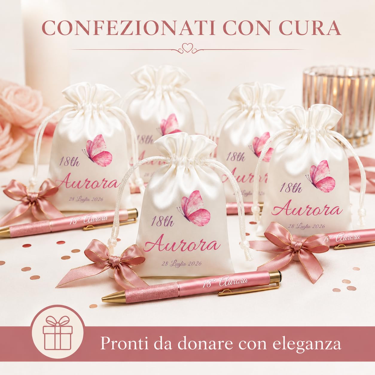Kit 12 Sacchetti e 12 Penne Personalizzati 18 Anni Bomboniere Compleanno | Bomboniere eleganti con nome, età e data: ricordo perfetto per invitati e amici.