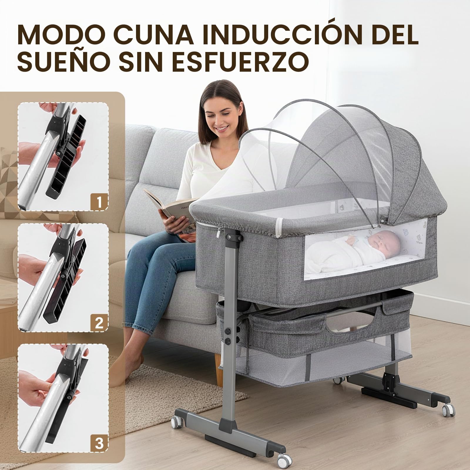 3 en 1 Cuna Colecho,Colecho Bebe Cuna con Colchón Blando y Mosquitera 6 Velocità Regolabile in Altezza e Inclinazione 4 Ruedas con Freno para Casa y Viaje Compatible con Diferentes Camas