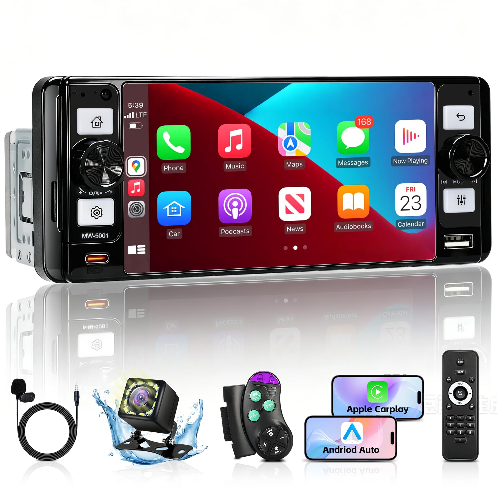 Single Din Radio Car Stereo with Wireless Apple Carplay &amp; Android Auto, 5.7" IPS Touchscreen Car Stereo with Bluetooth 1080P Backup Camera Mirror Link Navigation Type-C Fast Chaging USB FM/AM EQ Mic