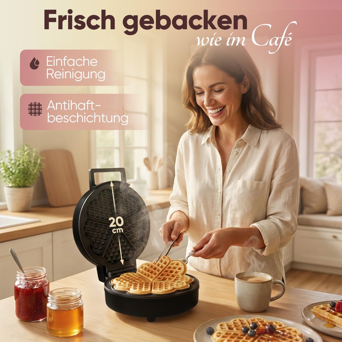 Clatronic WA 3832 gofrownica w kształcie serca | z powłoką zapobiegającą przywieraniu | bezstopniowy regulator do przyrumieniania według życzenia | waffle Maker | gofrownica w kształcie serca 1200 W |