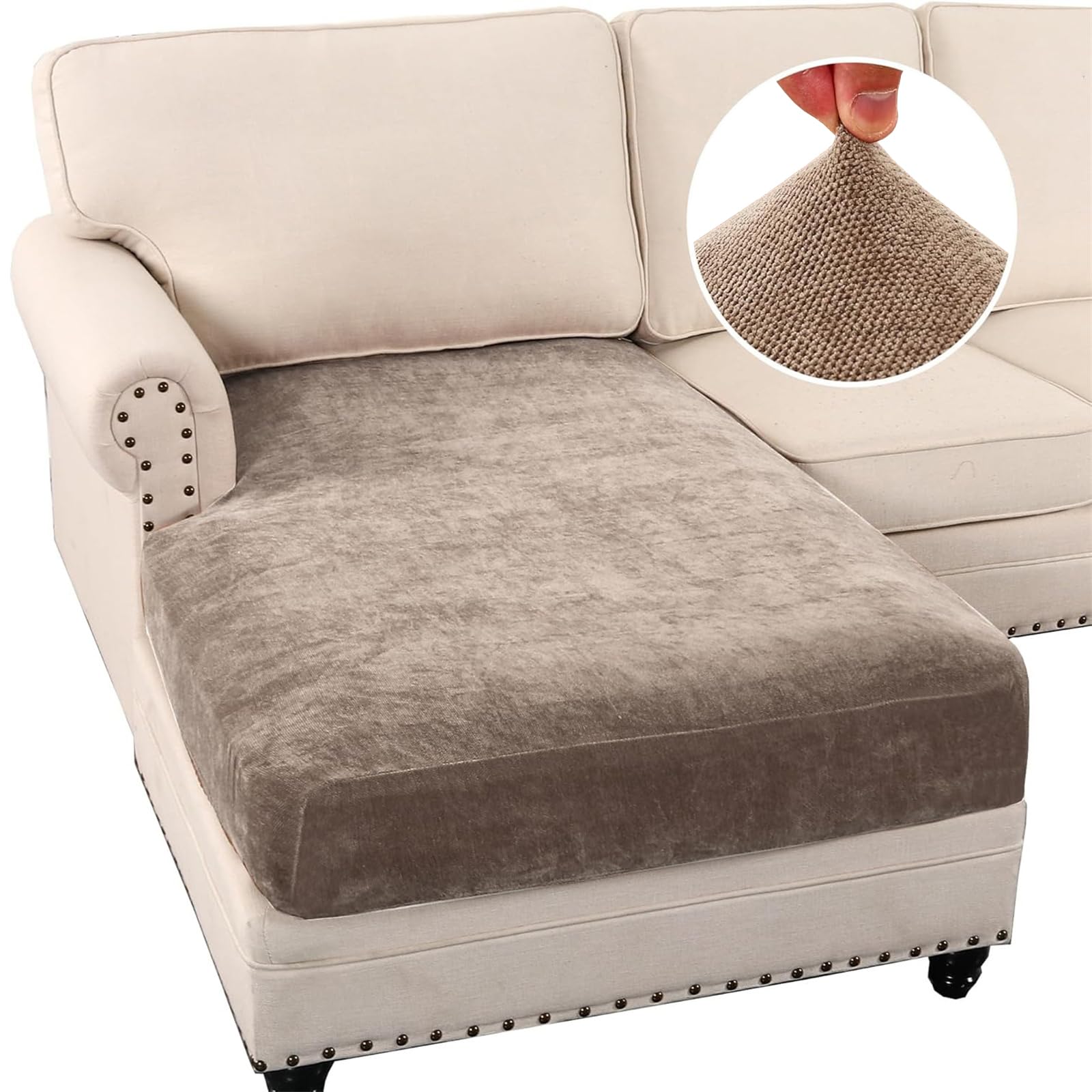 BXFUL Stretch Sofa Seat Cushion Covers, Chenille Sofa Cushion Slipcovers, High Stretch Couch Covers for Living Room Non Slip Furniture Slipcover with Elastic Bottom (Chaise Lounge,Taupe)