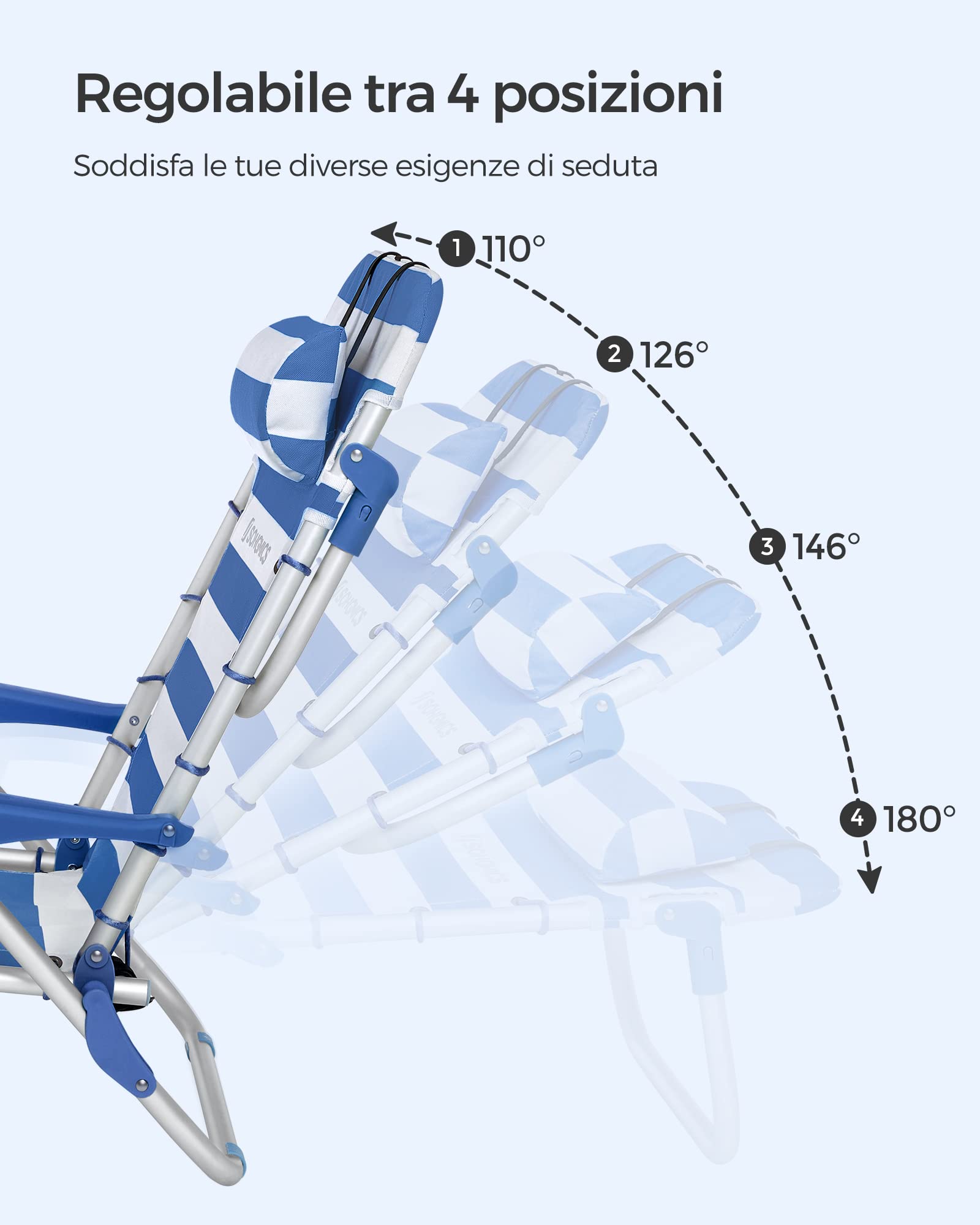 SONGMICS Sedia da spiaggia, sedia da campeggio pieghevole, con tracolla, schienale regolabile, poggiatesta, bracciolo, 2 tasche laterali, blu e bianco GCB62BU