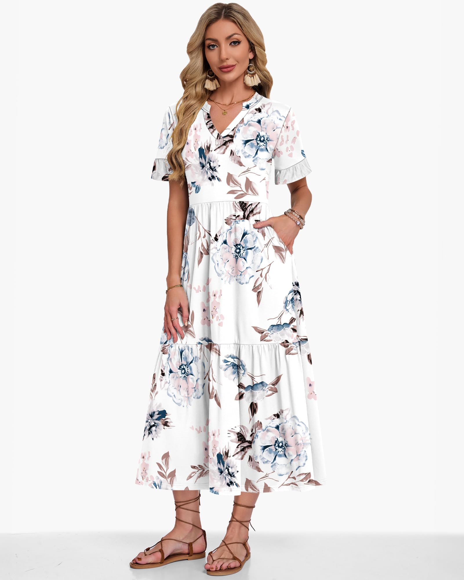 AUSELILY Sommerkleid Damen Lang V Ausschnitt Maxikleider Damen Sommer Rüschen Kurzarm Strandkleid mit Taschen Elastischer Taille