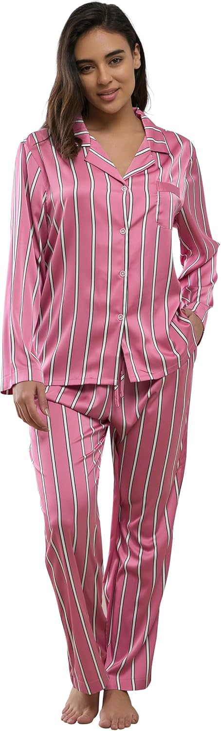 Womens Silk Satin Pajamas Set Button Down 2 Piece Pjs Long Sleeve Oversized Sleepwear with Pockets