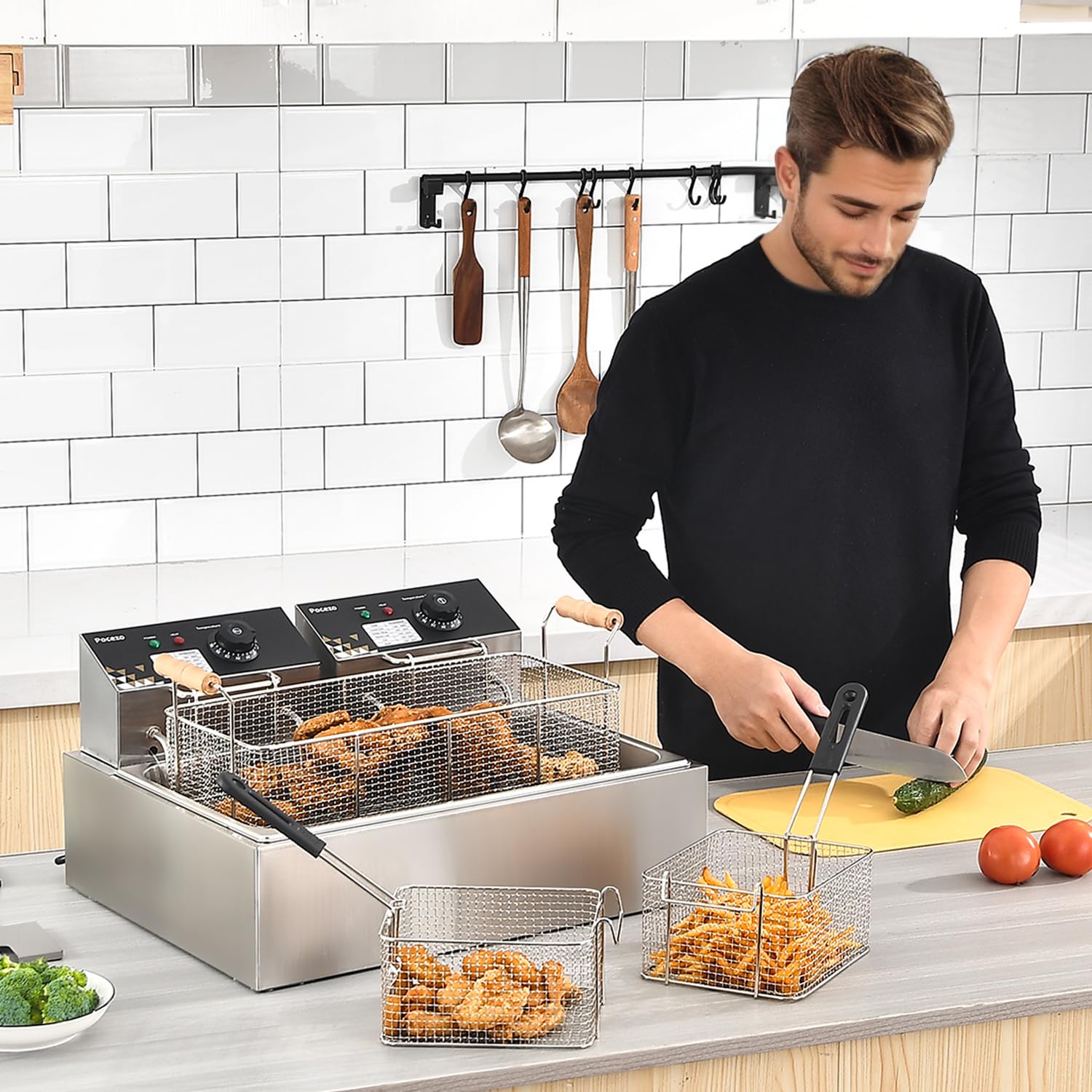 Electric Deep Fryer 22.6L/24QT Stainless Steel Large Capacity Commercial Fryer with Basket, 3400W 110V Countertop Deep Fryer for Home Kitchen and Restaurant Use withTemperature Control