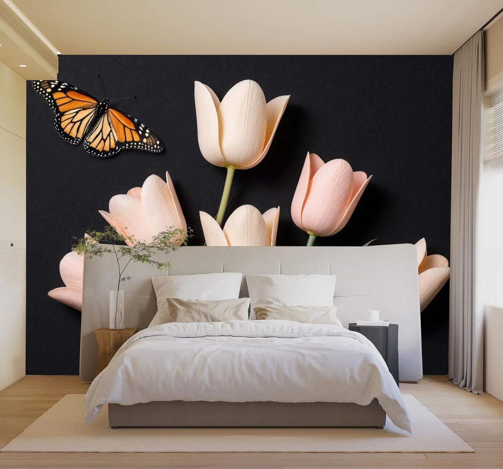 3D Papel Pintado Sencillo Bonito Tridimensional Tulipanes Rosas Mariposas