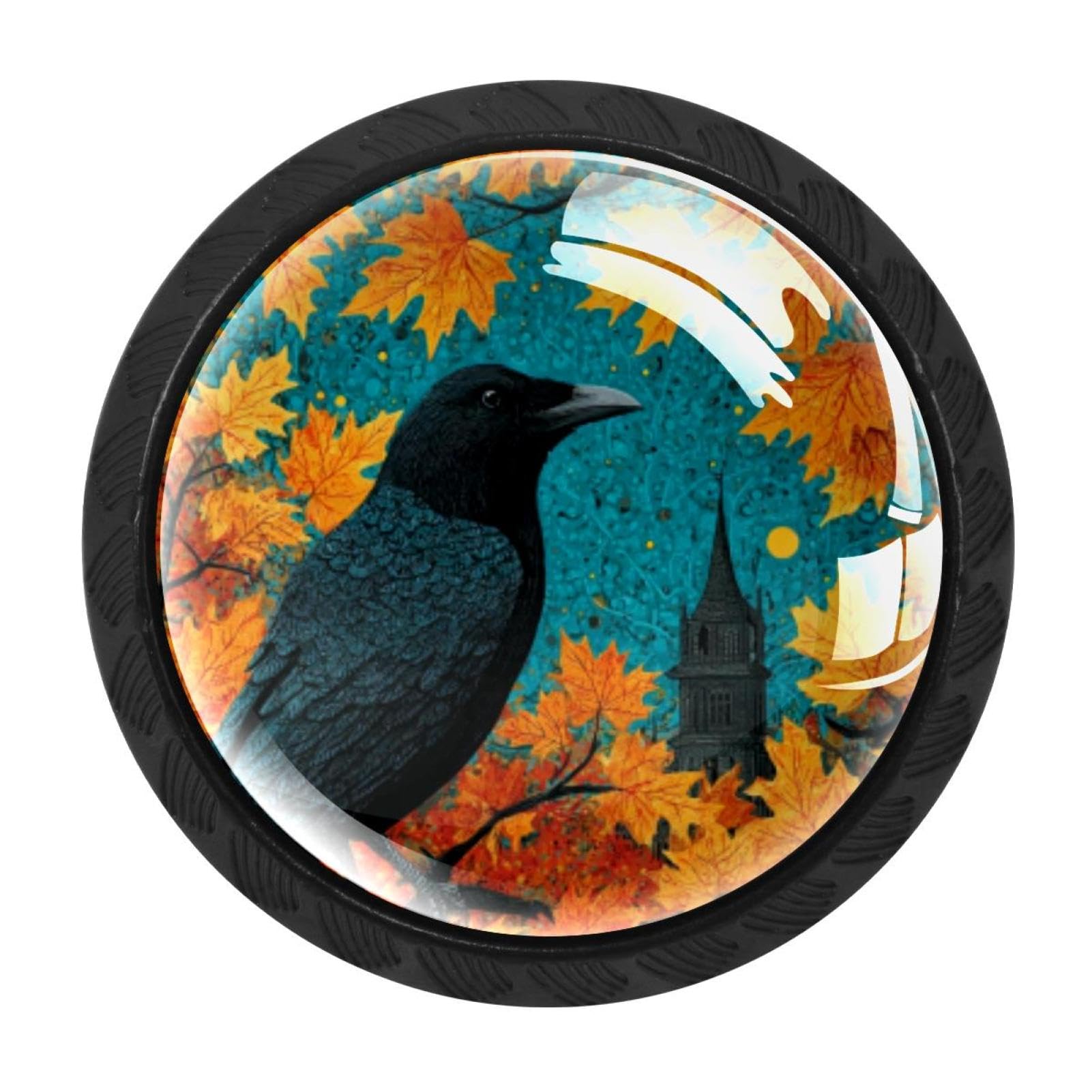 CHENZZZZ 4 Pieces Round Cabinet Knobs Rustic Dresser Knobs, Drawer Cupboard Wardrobe Cabinet Pulls Handles Hardware for Home Kitchen Furniture, Crow Autumn Leaves