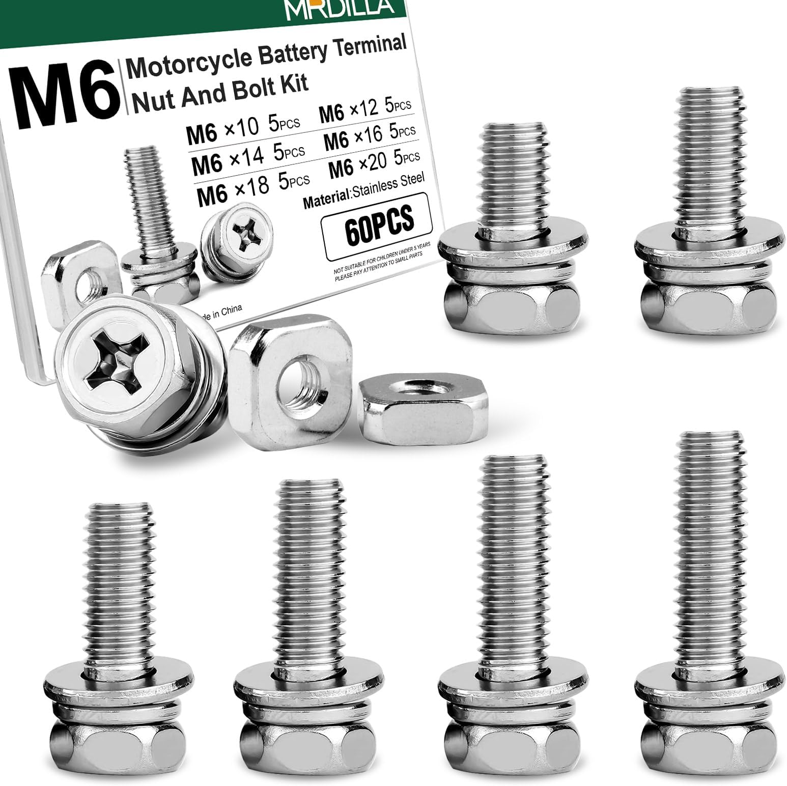 60 Pcs Motorcycle Battery Terminal Bolts and Nuts Kit, Stainless Steel M6 Battery Bolts with Square Nuts, 10mm 12mm 14mm 16mm 18mm 20mm