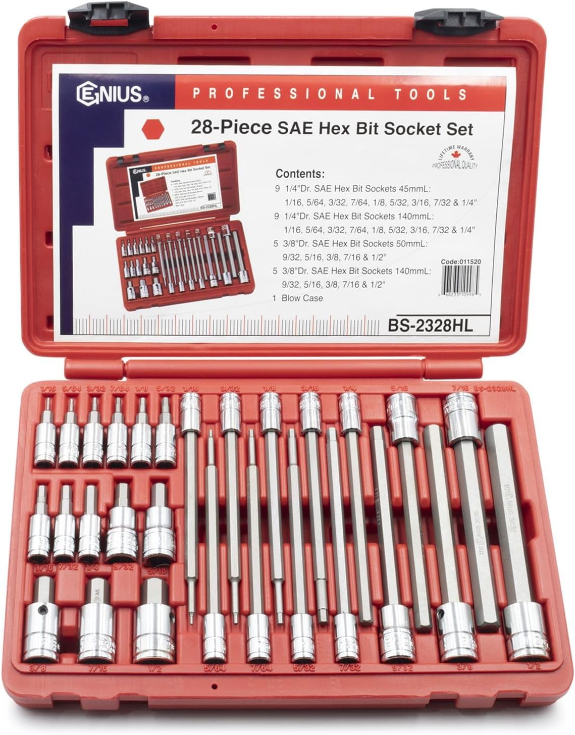 Genius Tools 28 Piece 1/4" & 3/8" Dr. SAE Hex Bit Socket Set BS-2328HL