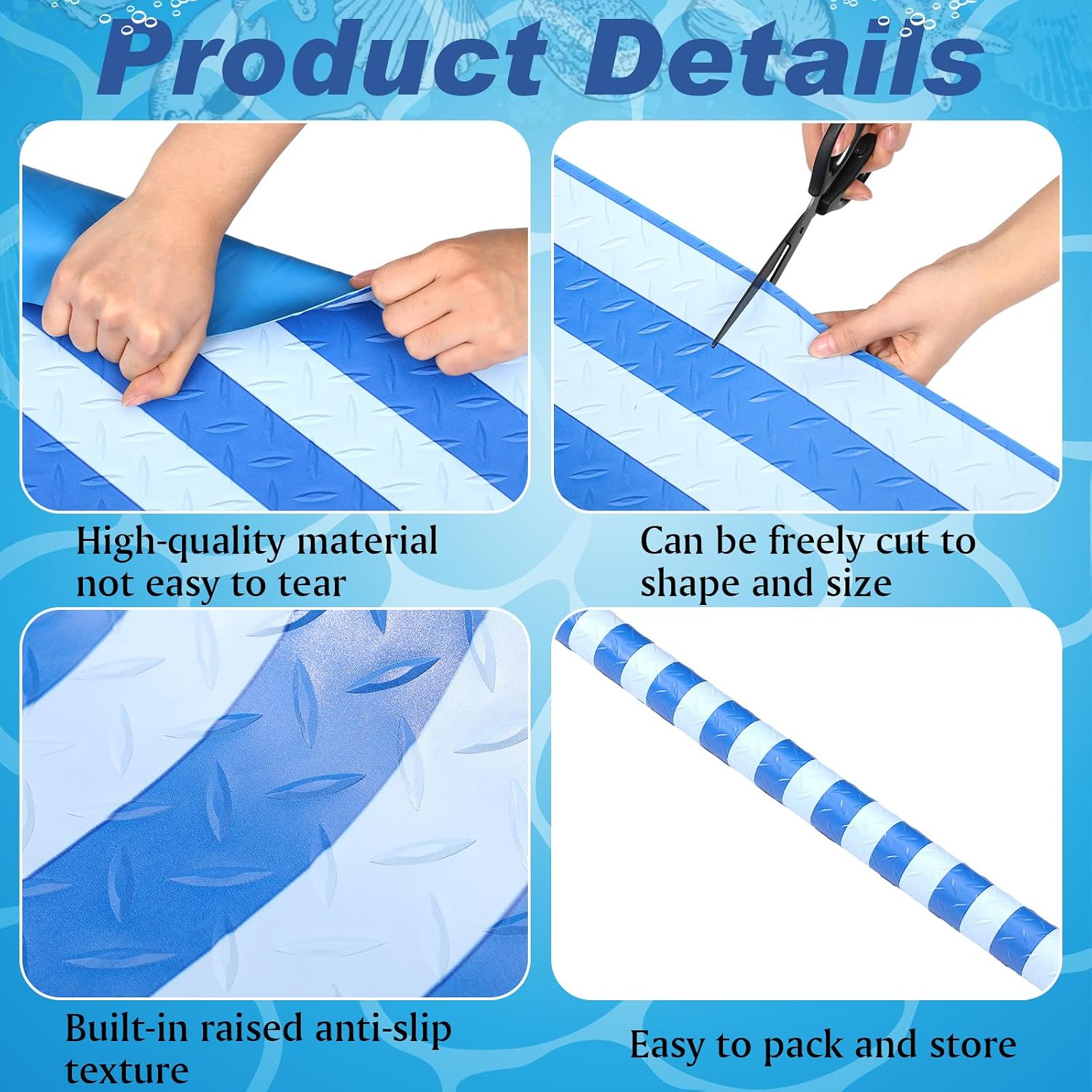 Drydiet Pool Step Mat Above Ground Ladder Mat, Swimming Protective Nonslip Step Pad with Texture, Pool Essentials Accessories for Floor Liners and Stairs, Blue and White Stripes (36 x 16 Inch)