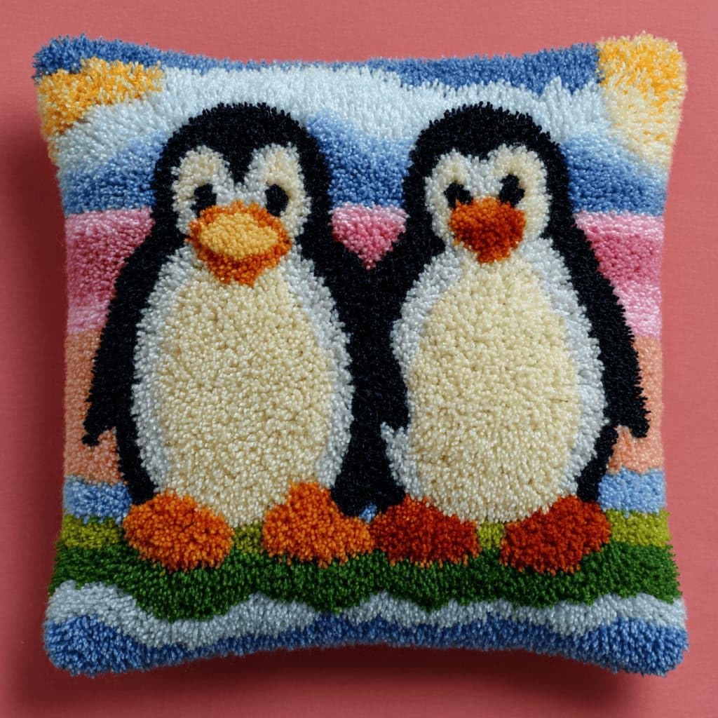 Kitquiver Latch Hook Kits for Adults Penguin Rug Cover Pillowcase Beginner DIY Needlework Embroidery Kits Handmade Set Craft Sofa Home Decor 43X43Cm