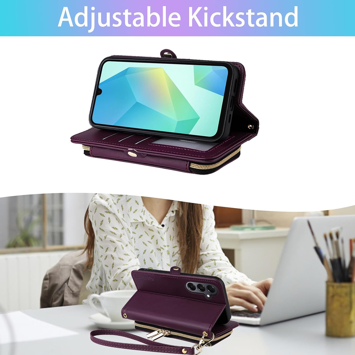 V-Quilted Wallet Case for Samsung Galaxy A17 5G & Card Slot Zipper Purse Wrist/Shoulder Strap, PU Leather Elegant Card Holder Stand Cell Phone Cover for A 17 17A 4G Women Girls Deep Purple