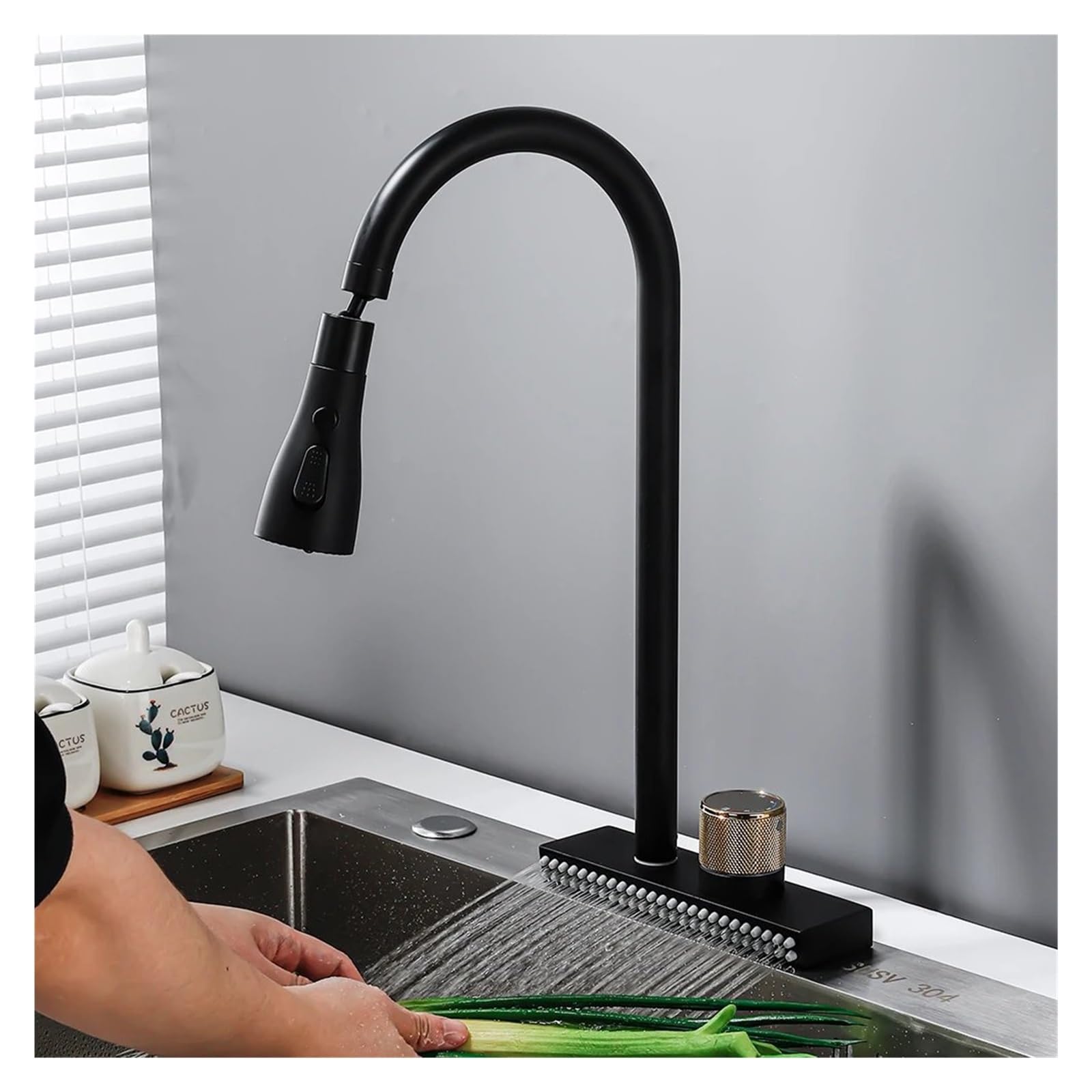 Robinet de cuisine cascade noir en laiton avec affichage de température LWX