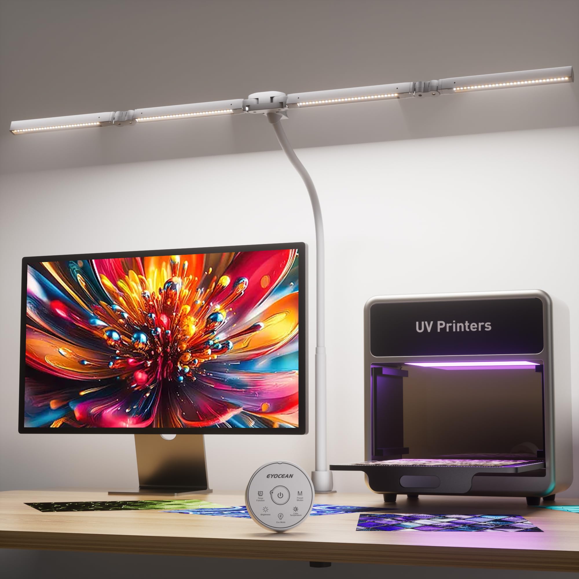 EYOCEAN Lampada da scrivania, lampada da scrivania con 4 sorgenti luminose, 24 W, 100 cm, luce diurna da scrivania con telecomando, lampada da monitor dimmerabile, a collo di cigno, lampada da tavolo