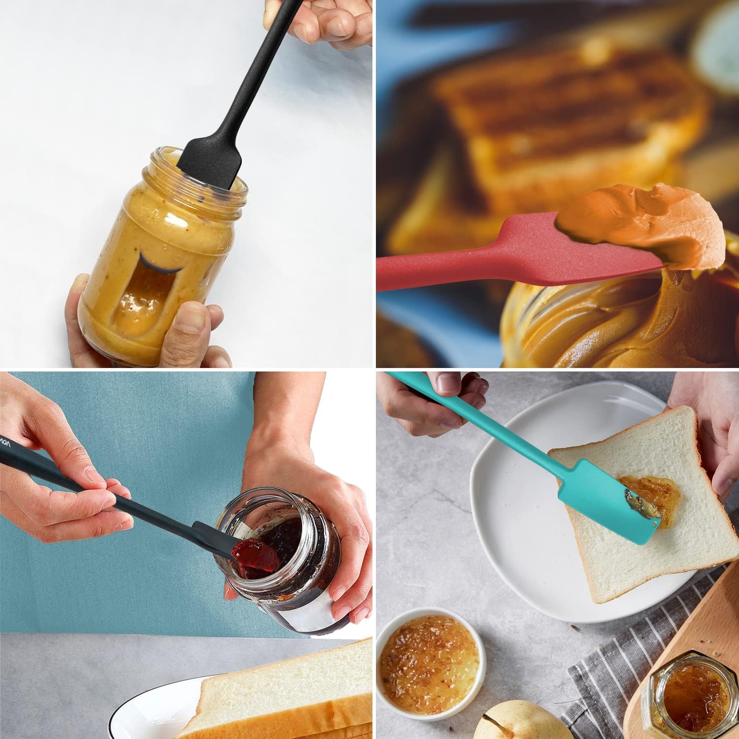 VOVOLY Silicone Jar Spatulas, Long Handle Jar Spatulas, 600ºF Heat Resistant Small Spatula, Seamless Design, Stainless Steel Core, BPA Free Spoonula (3, Mixed)