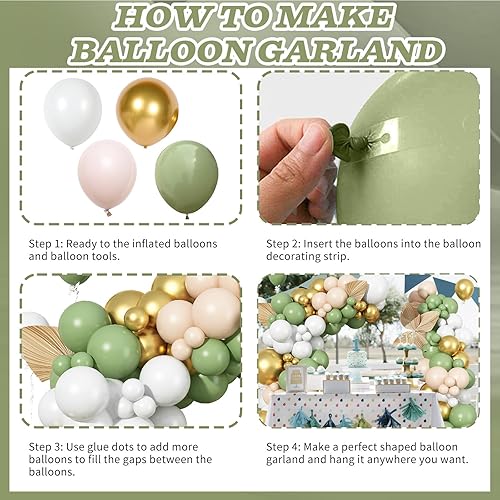 Miniatura 3 de Kit de arco de globos verde salvia, 97 piezas de globos de color verde aguacate y dorado con globos de doble relleno, globos neutros de color nude,