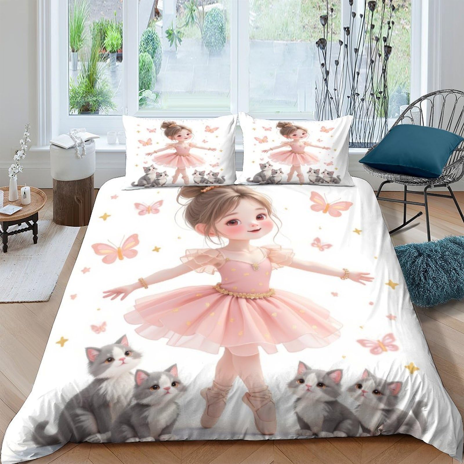 Ctjqhvkz Style-3 3D Printed Ballerina Cat Fitted Sheet Microfiber Pink Cartoon Butterfly Mattress Cover Bedroom Dorm Decor Single（135X200cm）