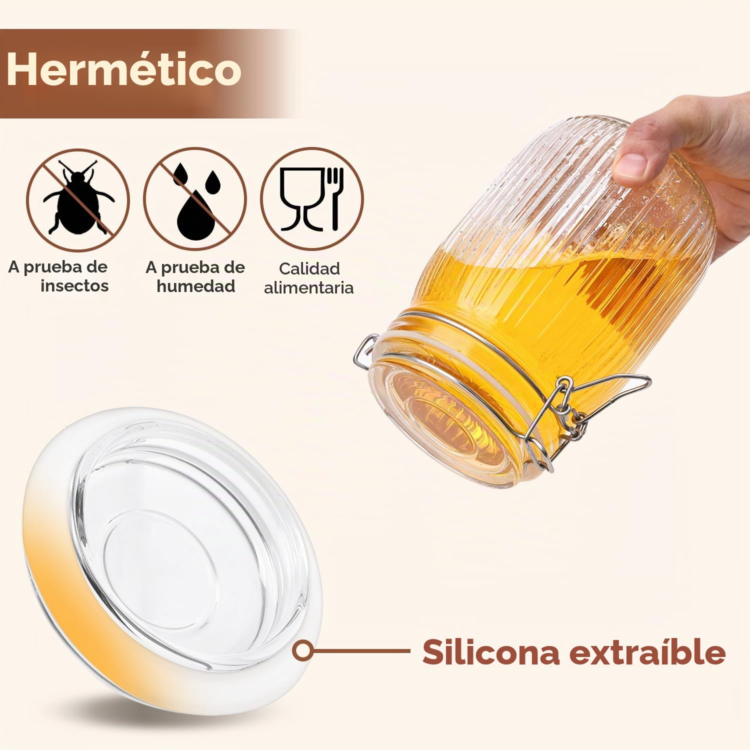 ComSaf Tarros de cristal herméticos 1 L, pack de 3 con tapas | Táperes de cristal, Recipientes herméticos para alimentos, Vidrio acanalado, Cereales, Galletas, Despensa